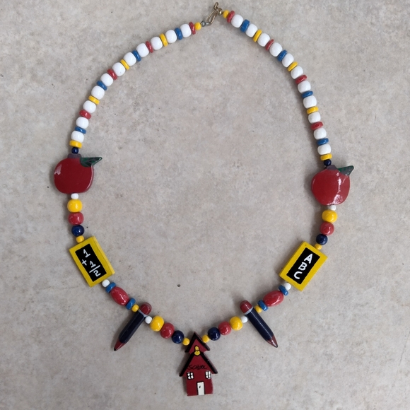 Vintage School Themed Wooden Bead Necklace - Picture 1 of 8